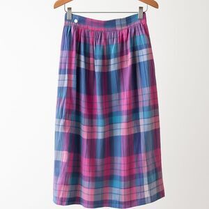 Fritzi of California Midi Skirt Sz 8 plaid Pleated Pockets Pink Blue 100% Cotton